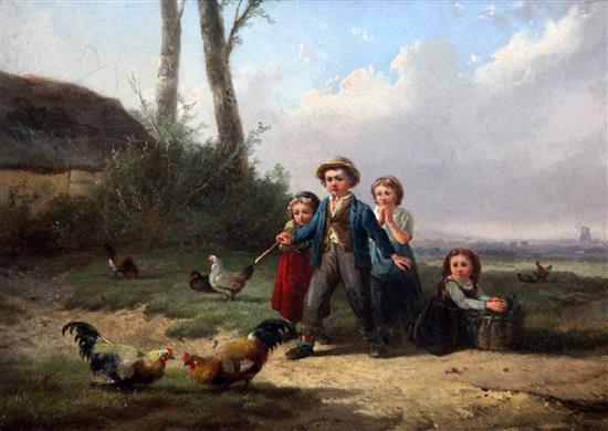 Robert Favelle (Dutch, 19th) The dancing lesson and Children playing with chickens 9.75 x 13.5in.